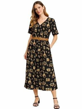 Vintage‎ Erika Giraffe Print Midi Dress Black Gold Quirky Artsy